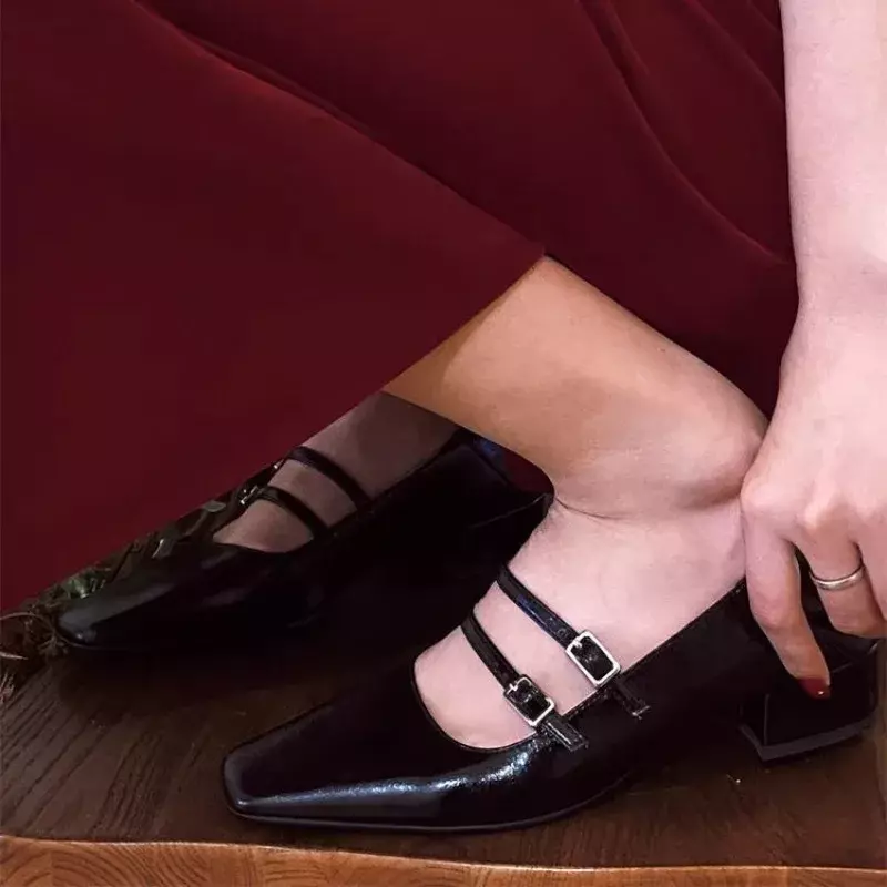 2024 musim semi musim panas Fashion wanita Mary Jane sepatu wanita dangkal kaki persegi tebal elegan merah sepatu Ballerinas hak tinggi wanita