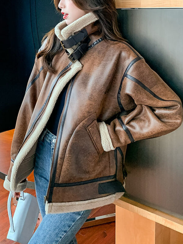 Vintage zíper jaqueta de couro biker mulheres outono coreano solto quente casaco de pele do falso feminino 2022 inverno streetwear chiques topos