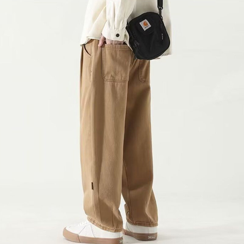 Spring Autumn Solid Color Fashion Elastic Waist Cargo Pants Man High Street Casual Loose Pockets Patchwork Pure Cotton Trousers