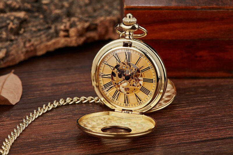 Reloj de bolsillo Vintage de lujo para hombre, caja grabada, números romanos, cadena Fob, collar, regalo de colección