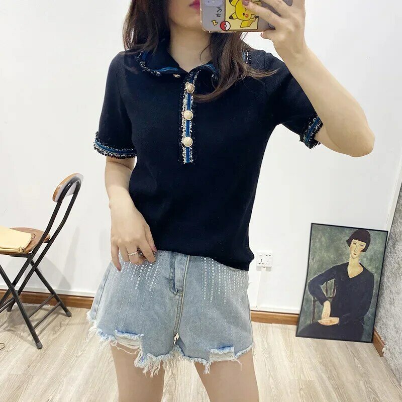 Women's Knitted Sweater Color Contrast Turn-down Collar Short Sleeve Vintage Pullover