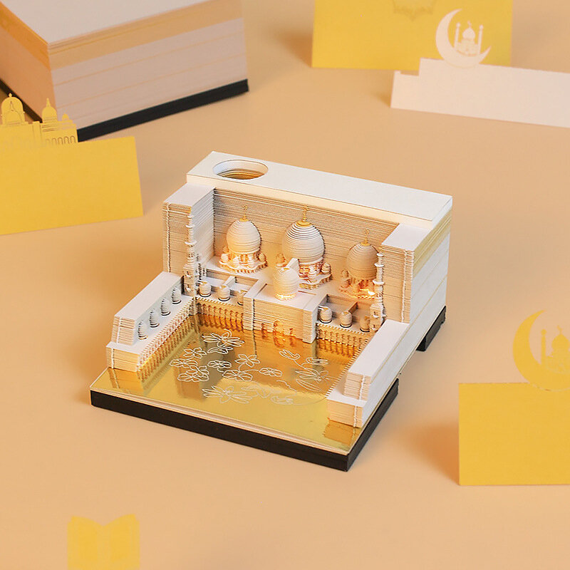 Bloc de notas tallado de papel artístico 3D con luces LED, modelo de construcción de mezquita, escultura, regalo para la escuela, el hogar y la Oficina