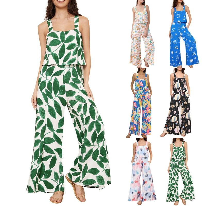Kombinezony damskie Tank Summer New Fashion Casual Flower Cartoon Printed Wide Leg Jumpsuits Daily Leisure Vacation Loose Rompers