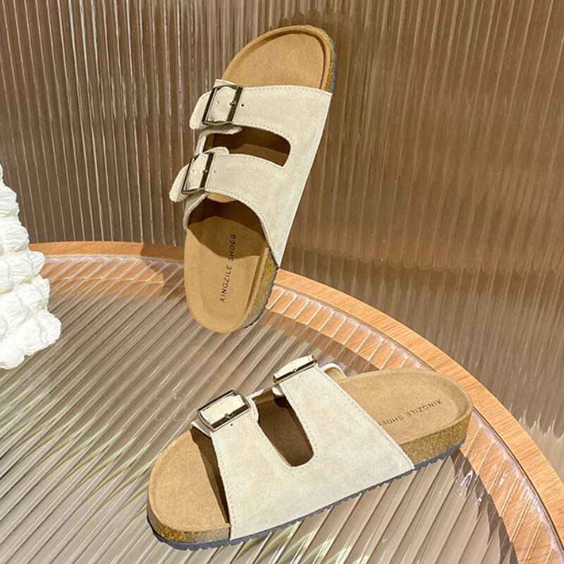 Birkenstoc أحذية نسائية مسطحة في الهواء الطلق شاطئ النعال غير رسمية سميكة وحيد جلد الفلين الوحيد الصنادل والنعال