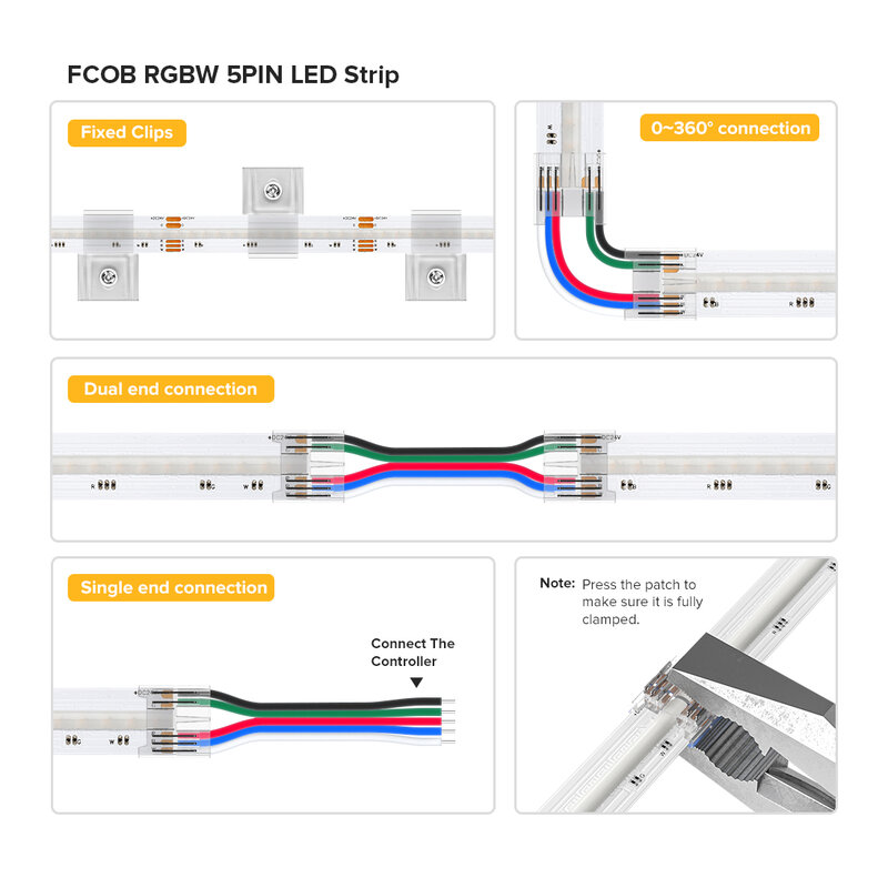 FCOB RGBW Fita LED 5pin 12mm DC12V 816 DC24V 896 LED Flexível FOB COB RGBWW Luzes de Alta Densidade RA90 Linear Dimmable 16W