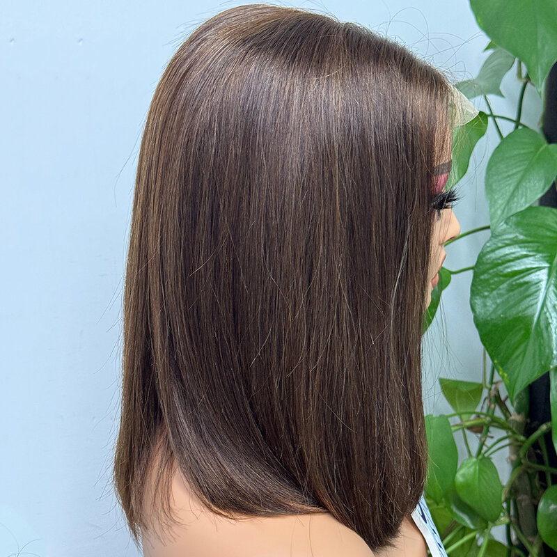 Peluca de cabello humano liso con cierre de encaje, pelo corto marrón Chocolate, 12a, 2x6, 200% de densidad