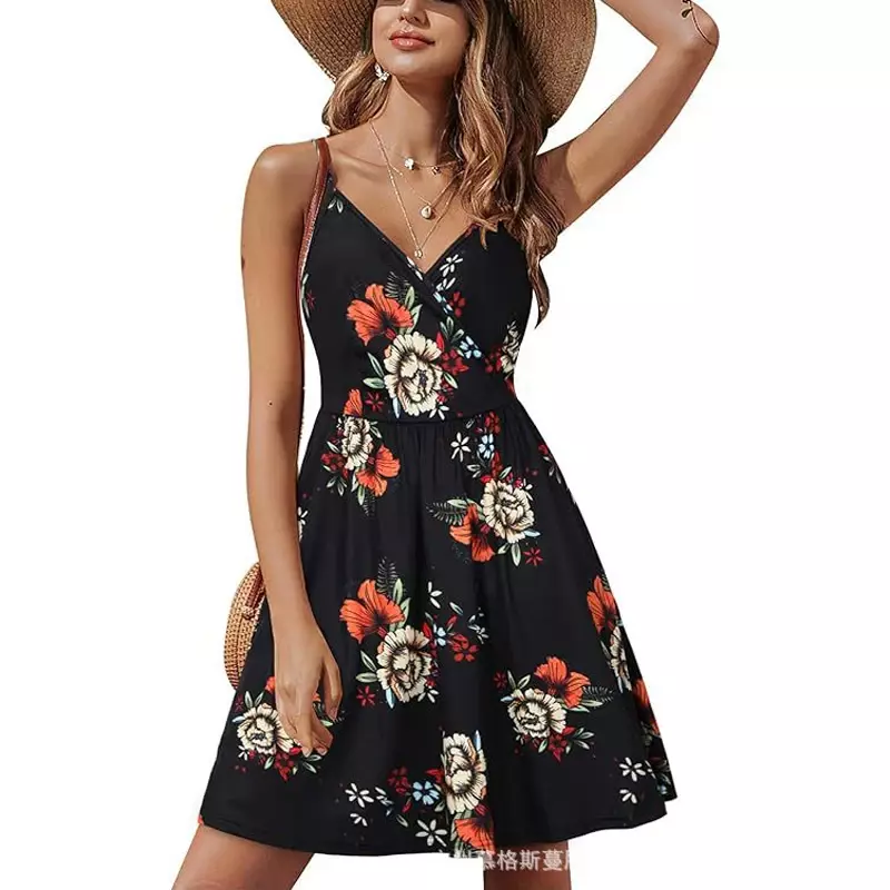 Gaun bercetak musim panas wanita dengan suspender gaun berlipat leher-v pinggang tinggi mengayun Bohemian gaun pantai liburan pantai