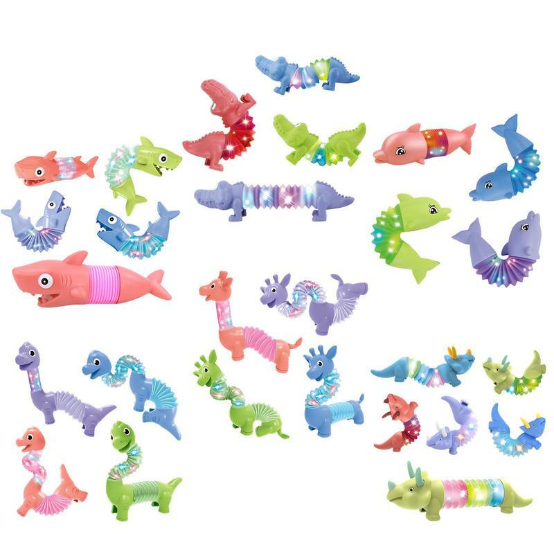 Variedad de dinosaurios telescópicos Pop Tube Toy puzle DIY luminoso descompresión cuello largo dinosaurios Fidget Toys para adultos y niños