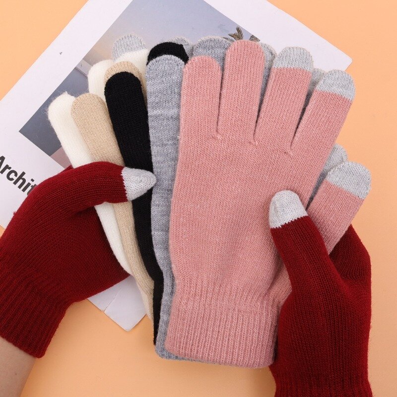 Simple Autumn Winter Plush Thickened Warm Cashmere Touch-Screen Gloves Cold-Resistant Soft Sweet Cool Versatile Knitted Gloves