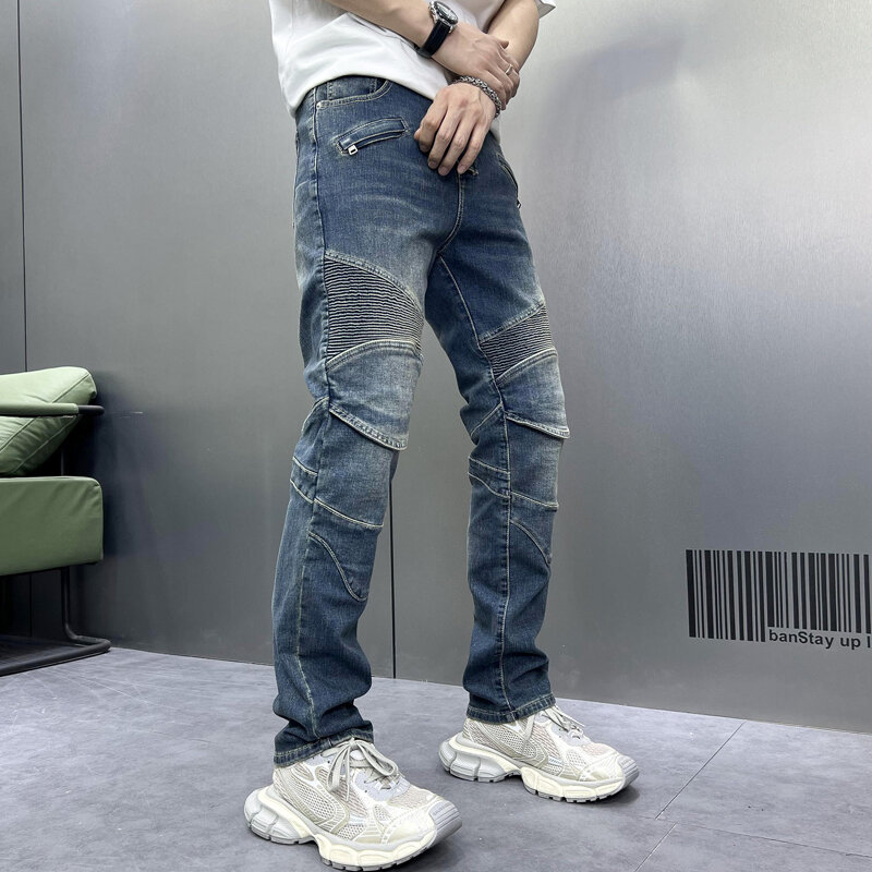 Blaue Retro-Biker jeans für men2024new Slim Straight Stretch Casual Patchwork Plissee Design lange Hosen