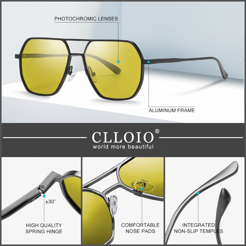 Clloio Anti-Glare Dag Nachtzicht Bril Mannen Vrouwen Gepolariseerde Rijden Zonnebril Vierkante Aluminium Meekleurende Zonnebril UV400