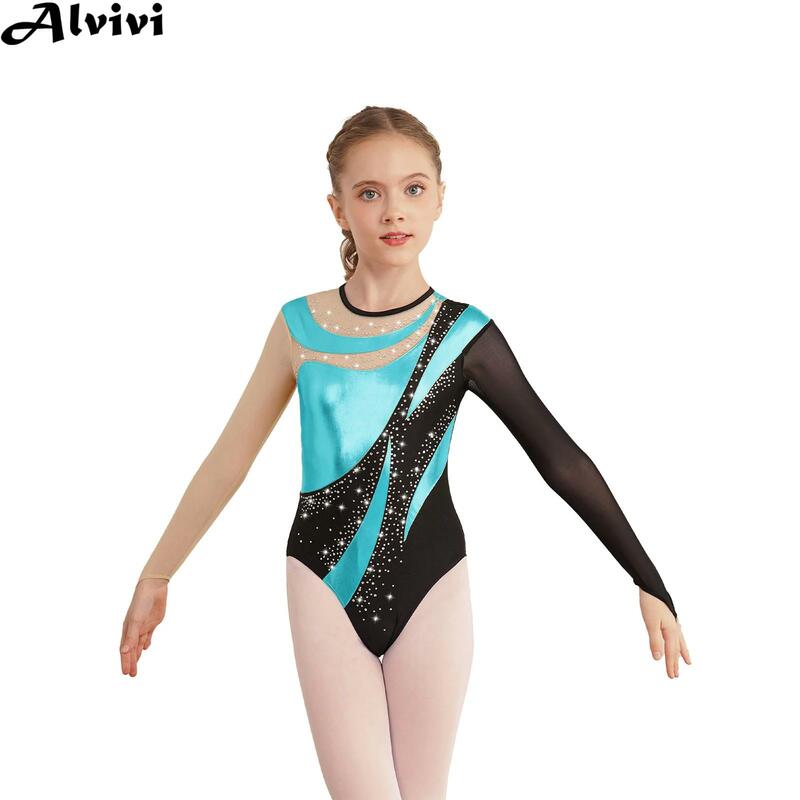 女の子の長袖の透明な光沢のあるメッシュのボディスーツ,スケートフィギュア,バレエダンス,ダンスクラスのパフォーマンスのためのスティックなセット