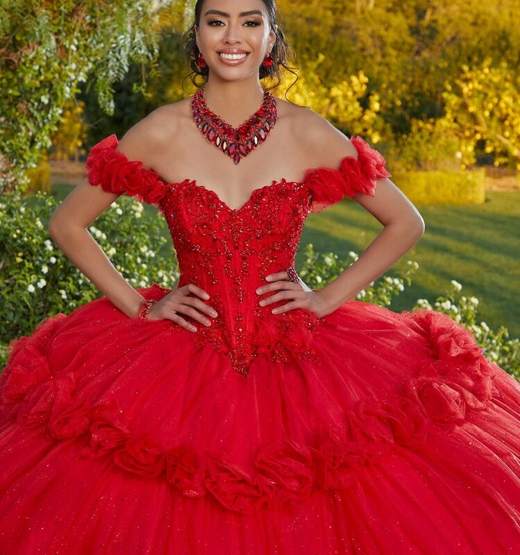 EVLAST Princess Red Ball Gown Quinceanera Dress Flora Appliques Crystal Beaded Glitter Tulle Tiered Vestidos De XV Años TQD104