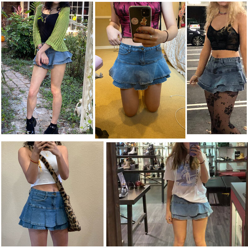 Saias plissadas de babados para mulheres, cintura baixa, saia jeans Y2K, mini jeans curtos, sexo ao ar livre, verão, 2023