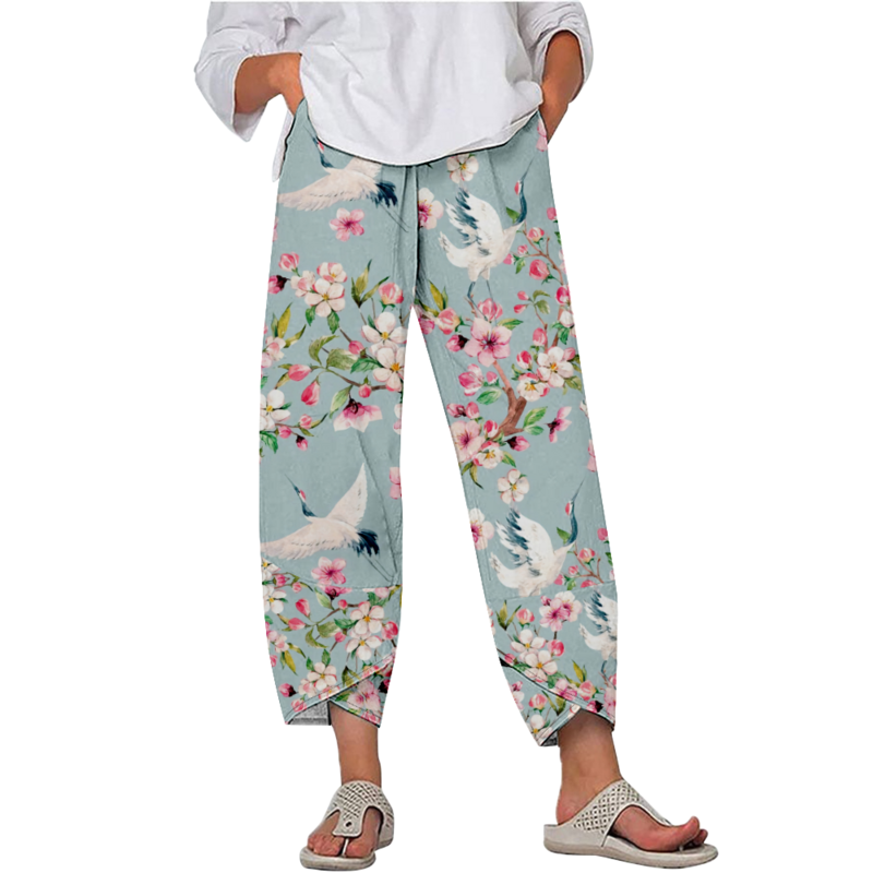 Брюки женские в стиле ретро с цветочным принтом, уличная одежда Y2k, пляжные свободные спортивные штаны, Капри, джоггеры, летние