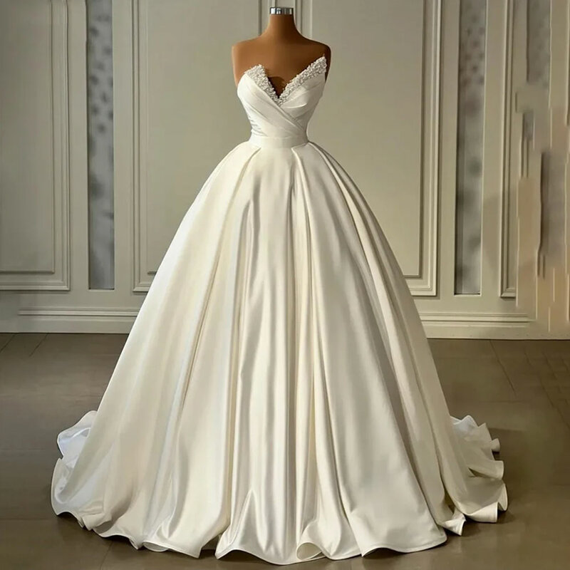 Sexy A-line Wedding Dresses V-neck Beaded Gorgeous Satin Romantic Off Shoulder Strapless Fluffy Princess Style Ivory Bridal Gown