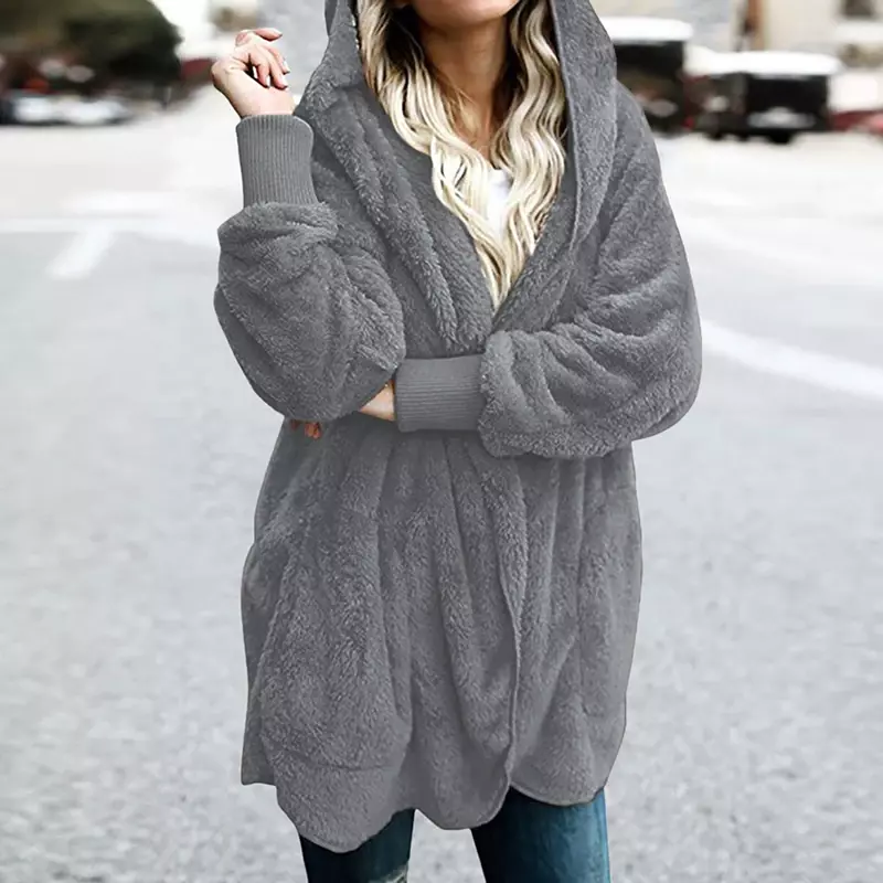 Mantel musim dingin wanita, kardigan bulu jaket sisi panjang memakai bulu imitasi mantel Teddy musim gugur musim dingin mantel termal