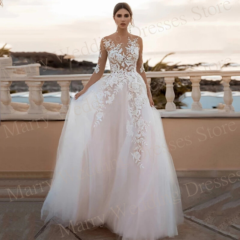 2024 Modern A Line Women's Wedding Dresses Exquisite Lace Appliques Scoop Neck Bride Gowns New Three Quarter Sleeve Button 웨딩드레스