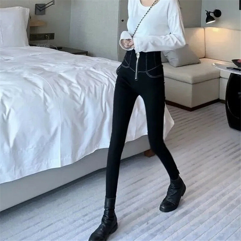 Женские брюки-карандаш с высокой талией, универсальные облегающие леггинсы на молнии, женская уличная одежда, весна-осень 2023