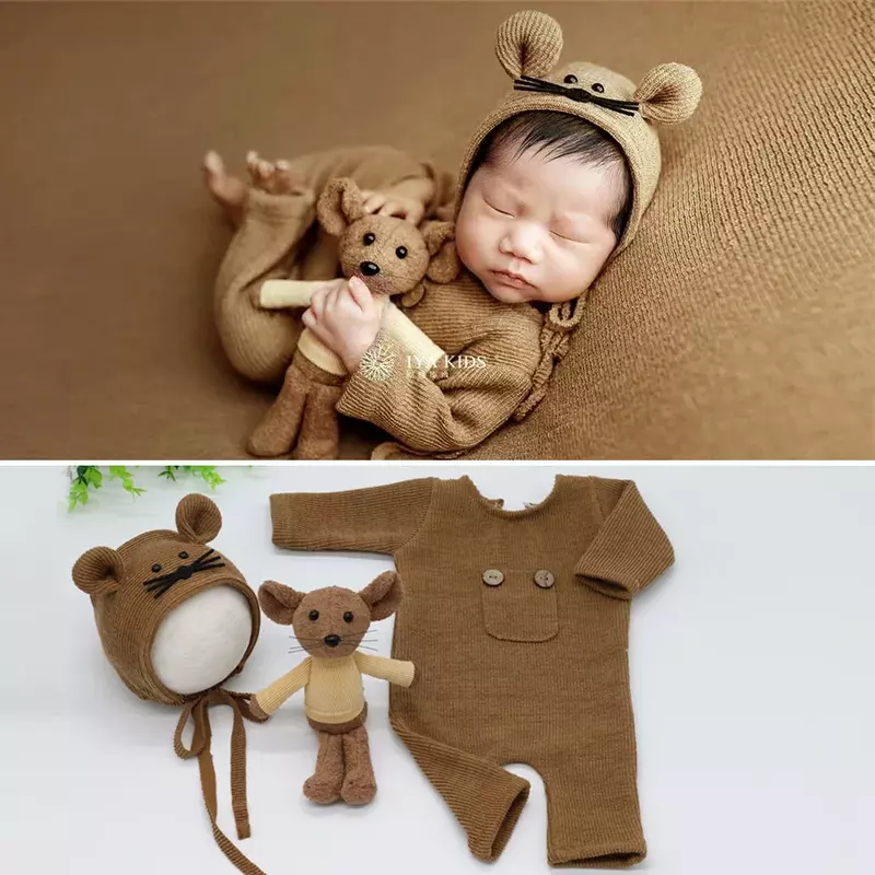 Roupa de fotografia recém-nascida, traje de rato do bebê, bodysuit macacão de malha macia, chapéu de 1 peça, presente da boneca, 3pcs