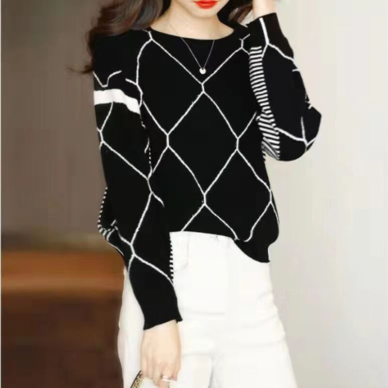 Suéteres de punto para mujer, Jersey coreano Simple Argyle elegante que combina con todo, Tops de manga larga a la moda para Otoño e Invierno