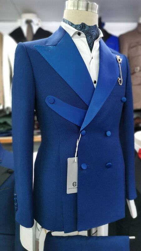 Cenne Des Graoom 2022 nowe garnitury męskie podwójne piersi szyte na miarę klapa zamknięta Royal Blue 2 sztuk Blazers spodnie Groom Wedding Party