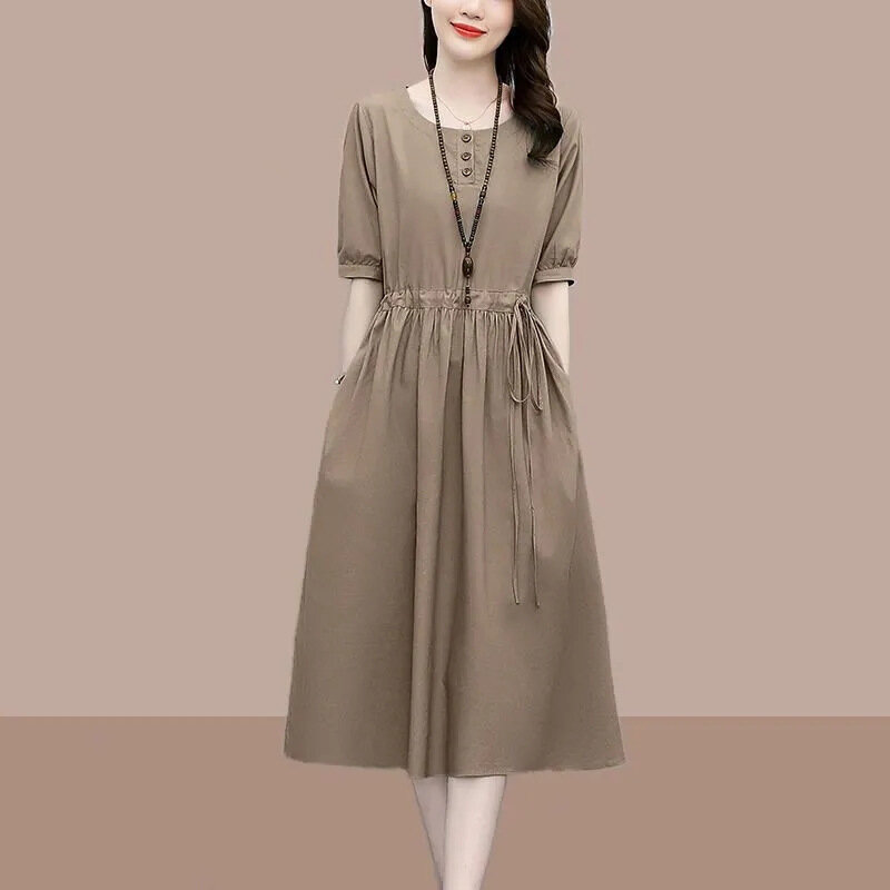 Estate solido O collo tasca coulisse vestito Midi moda donna 2022 coreano elegante cotone lino Casual abiti comodi larghi