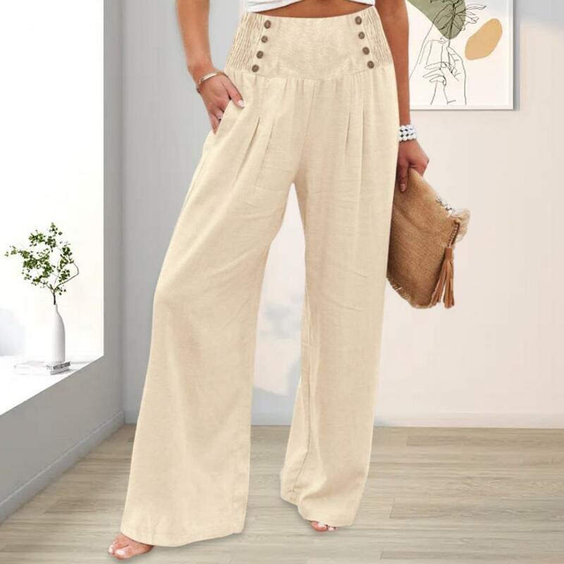 Sommer 2024 Frauen Freizeit hose breite elastische Taille Knöpfe Dekor lange Hosen breite Bein Taschen Hosen Streetwear