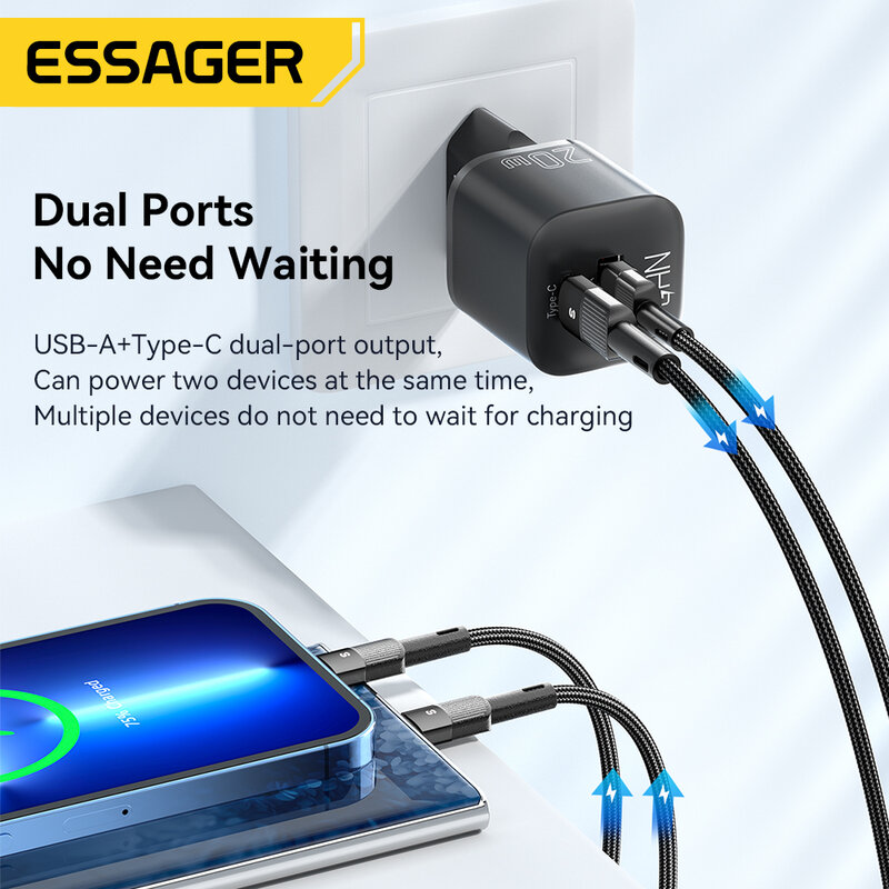 Essager GaN USB C 타입 PD 고속 충전 휴대폰 QC 3.0 고속 충전기, 아이폰 14 13 12 11 프로 맥스 미니 아이패드용, 20W
