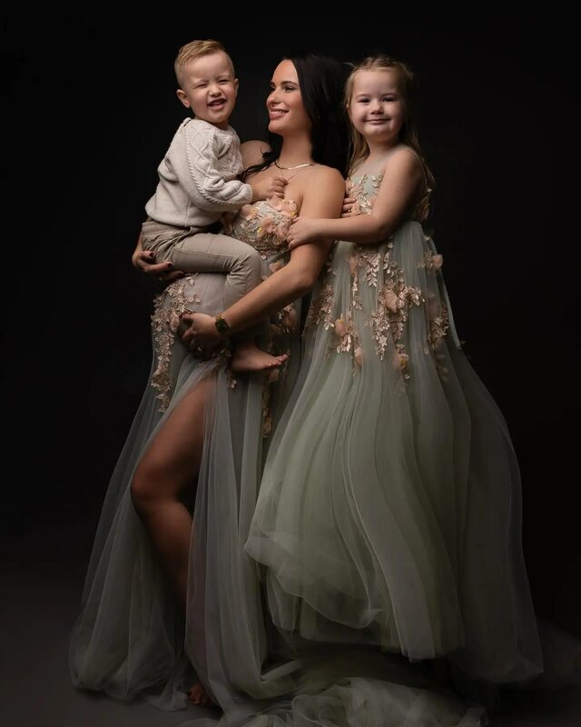 Тюлевое платье для беременных с Мятным цветочным 3D рисунком, открытыми плечами