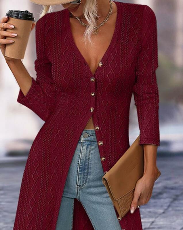 Jaqueta de manga comprida com decote em v para mulheres, fivela, textura com fio, top longo, nova moda, venda quente, 2023
