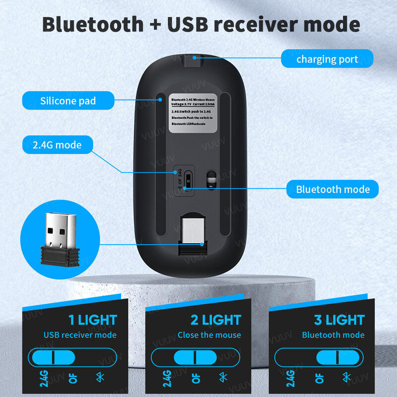 VUUV Mouse nirkabel isi ulang daya, aksesori Laptop Mouse Bluetooth lampu latar 1600DPI 2.4GHz untuk komputer Laptop Macbook