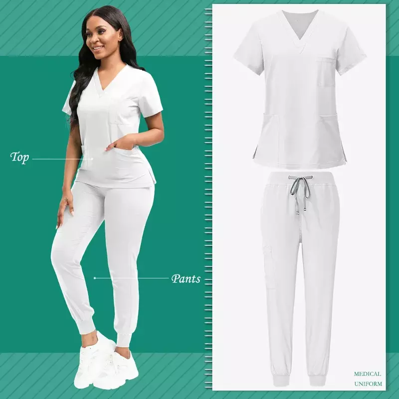 2023 białe spodnie z poliestru Spandex z prostymi prążkowanymi nogawkami w pasie peelingi medyczne mundury