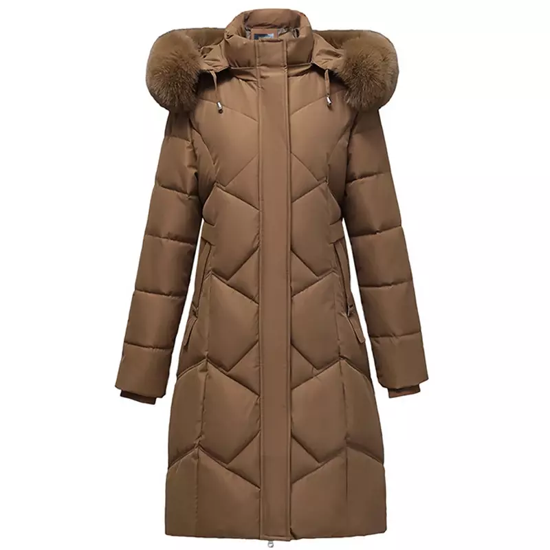 Jaket musim dingin untuk wanita, mantel bertudung kerah bulu tebal hangat panjang Parka kualitas tinggi, mantel empuk wanita usia sedang 2023