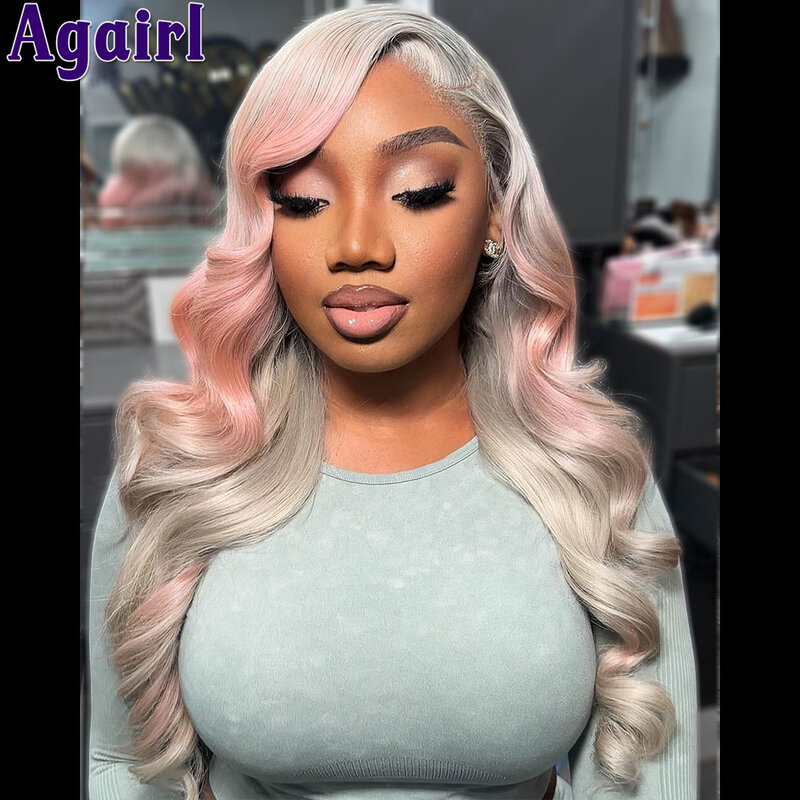 Ombre Grey Pink 613 kolorowe falujące ludzkie włosy peruki dla czarnych kobiet 13x4 13x6 koronkowa peruka na przód 200% gęstości przezroczysta koronkowa peruka