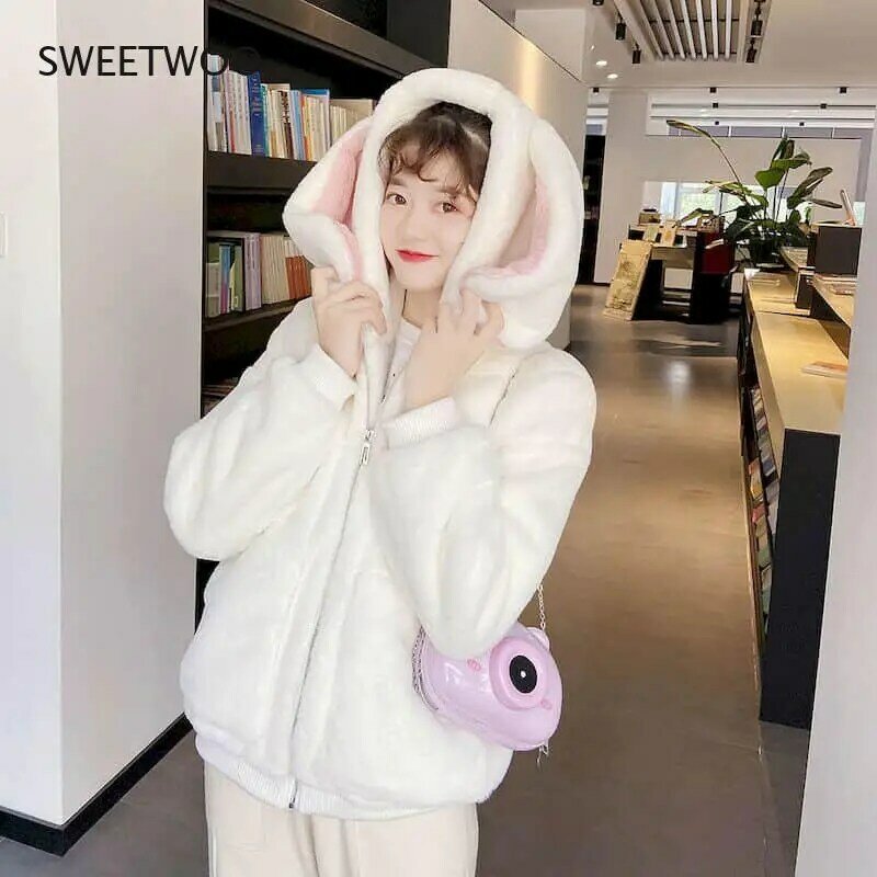 Abrigo de piel de imitación grueso de terciopelo Kawaii para mujer, abrigo holgado con orejas de conejo, con capucha, 2022