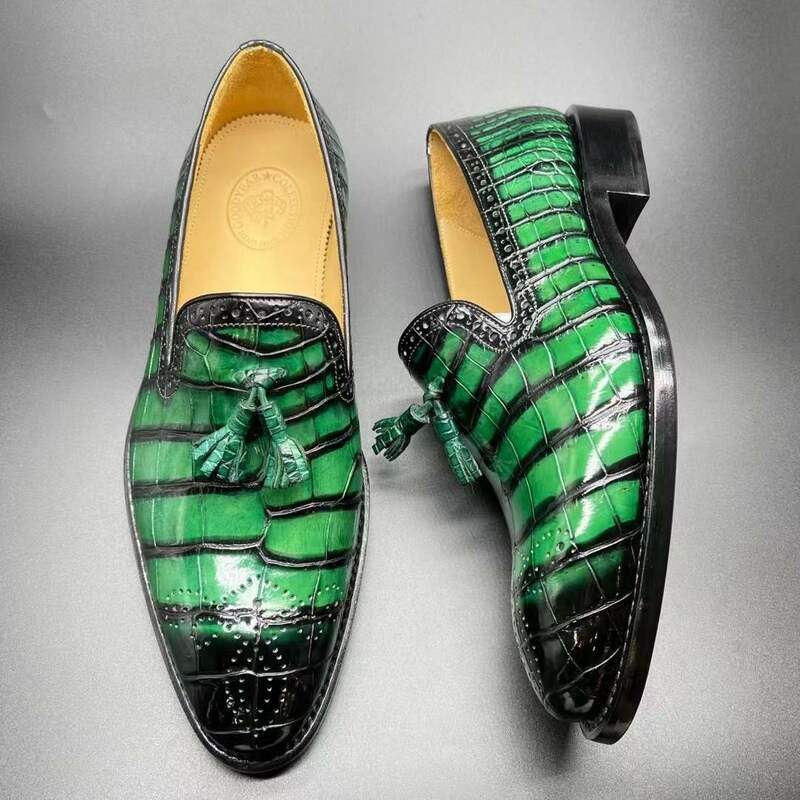 Chue – chaussures habillées en cuir de crocodile pour hommes, chaussures formelles, à enfiler, vertes, ventre en peau, semelle en cuir, nouvelle collection