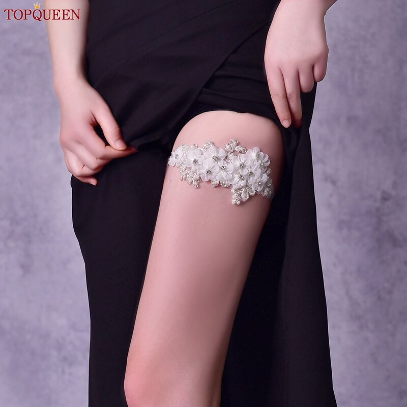 TOPQUEEN-Liga elástica de boda para mujer, anillo de encaje para el muslo, lazo para la pierna, flor blanca, perla, Sexy, S355