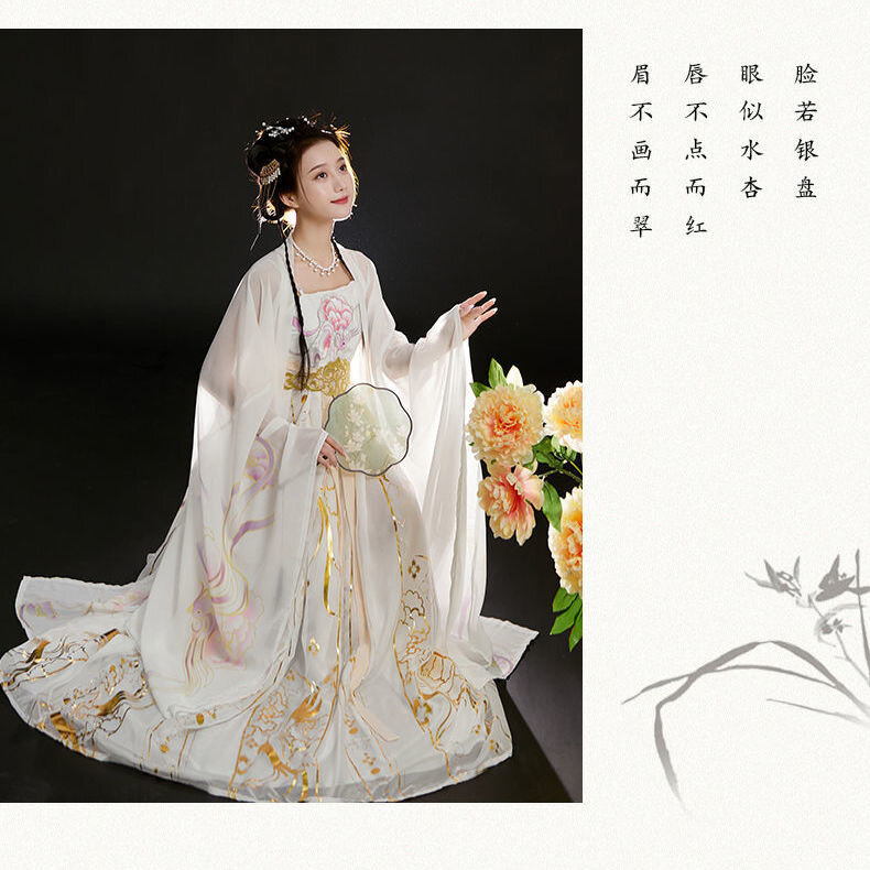 Tang Dynasty White Hanfu Female Loose-sleeved Shirt Embroidered Ancient Costume Daily Fairy Elegant Woman Chinese Dresses
