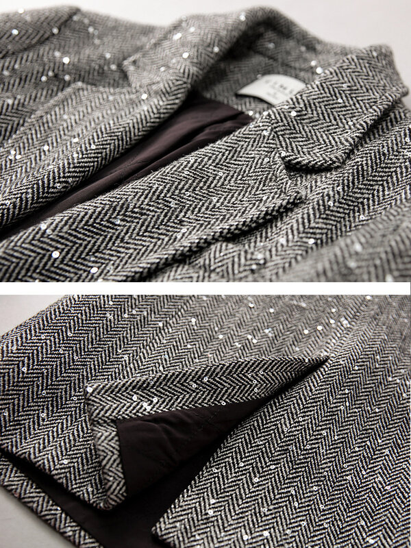 VIMLY 스팽글 울 혼방 블레이저 여성용 용수철 재킷, 2024 따뜻한 겉옷, 빈티지 우아한 캐주얼 비즈니스 모직 맞춤형 코트