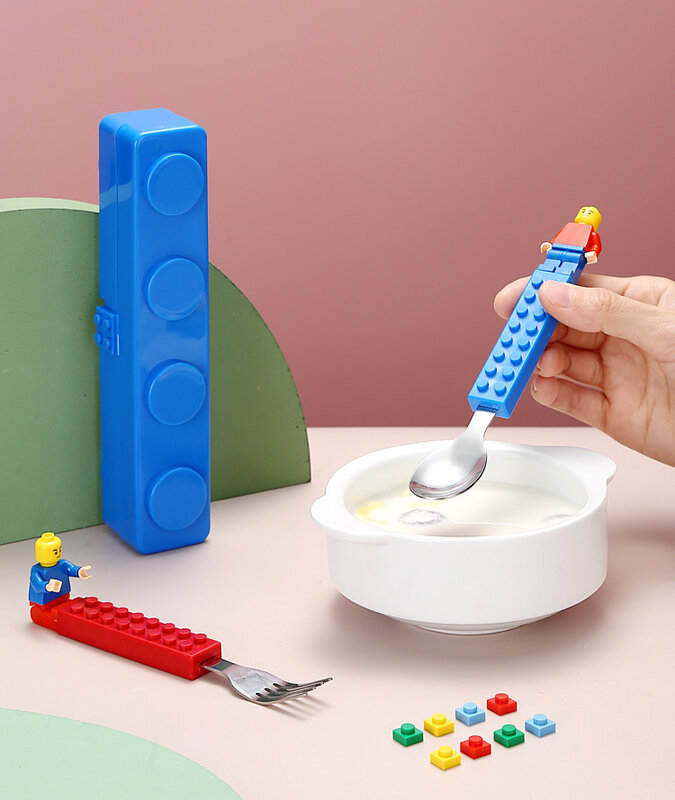 304 Set sendok garpu blok bangunan tahan karat, mainan anak perangkat makan baja kartun penyimpanan portabel mainan Puzzle Jigsaw