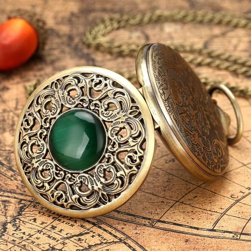 Retro grawerowany kreatywny zielony klejnot wzór kociego oka brązowy kwarcowy zegarek kieszonkowy antyczny naszyjnik wisiorek arabski cyfrowy prezent dla pani