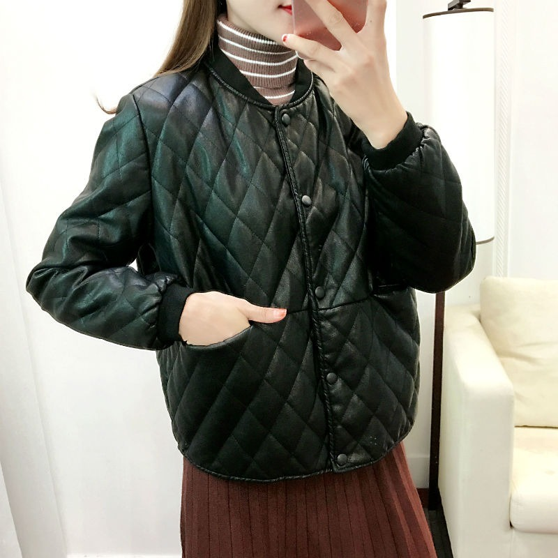 Jaqueta de algodão PU grosso feminino, jaqueta de locomotiva feminina, jaqueta curta de motocicleta, couro falso, magro, moda feminina, inverno