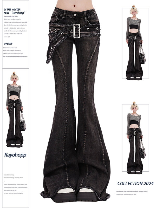Pantalones de mezclilla de tiro bajo para mujer, pantalones largos de diseño gótico de Dark Academia, gyuu 2000s, estética Grunge, Trashy, Y2k, Punk, Kpop