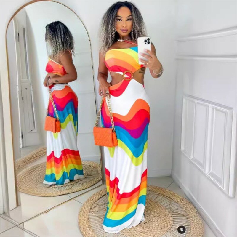 Beach Outfit Women Sundress Cover Up Bathing Suit 2024 Wear Sexy Print Backless Hollow Stret Neck Dress Solid Polyester Summer
