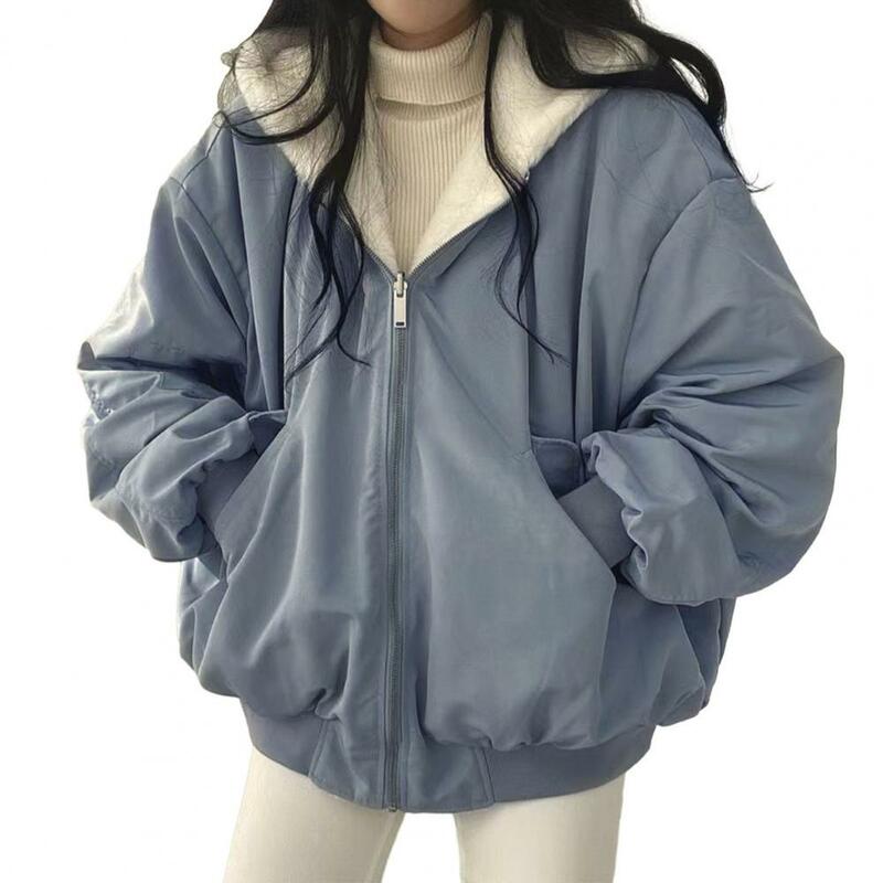 Women Coat Cozy Plush Hooded Winter Coat with Zipper Closure Elastic Cuff Pockets for Women Warm Windproof Jacket for Fall Women