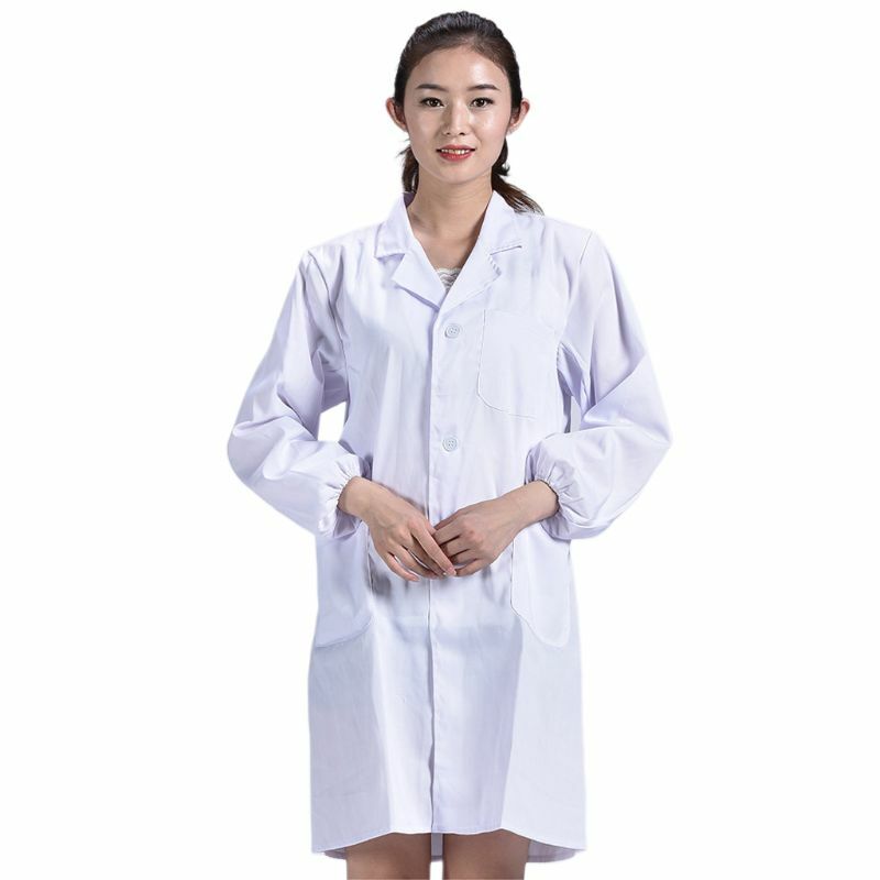Women Men Unisex Long Sleeve White Lab Coat Notched Lapel Collar Button Down Medical Nurse Doctor Uniform Tunic Blouse w/ Pocket