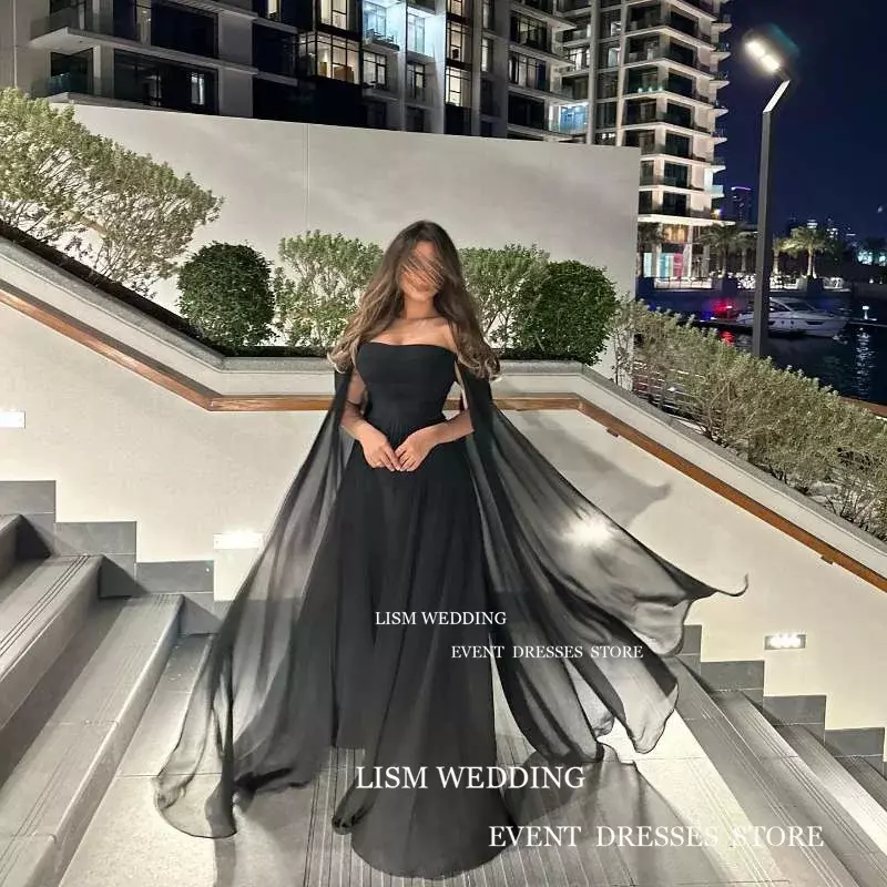 LISM Graceful Black Off Should Evening Dress Saudi Arabia With Long Bolero Chiffon Strapless Floor Length Formal Occasion Gown