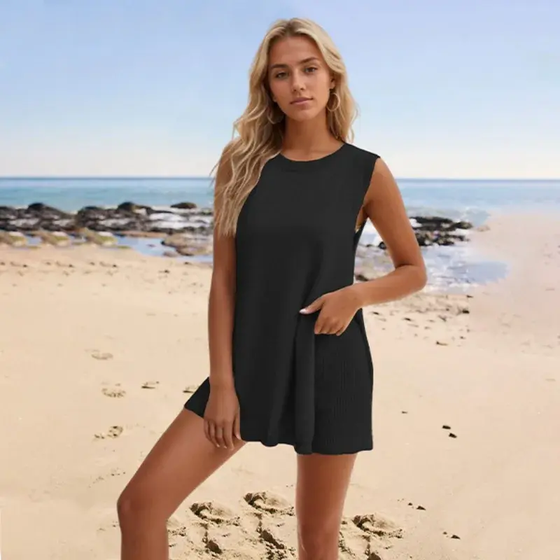 2024 Summer Women's Popular Loose Casual Round Neck Tank Top Shorts Knitted Set for Women Clothing  SFC24-3