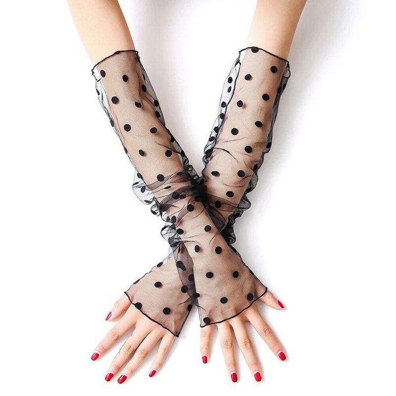 Mangas largas de malla de encaje negro para mujer, protección solar, mangas finas para brazos, guantes con patrón de estrella punteada, accesorios para vestido de novia